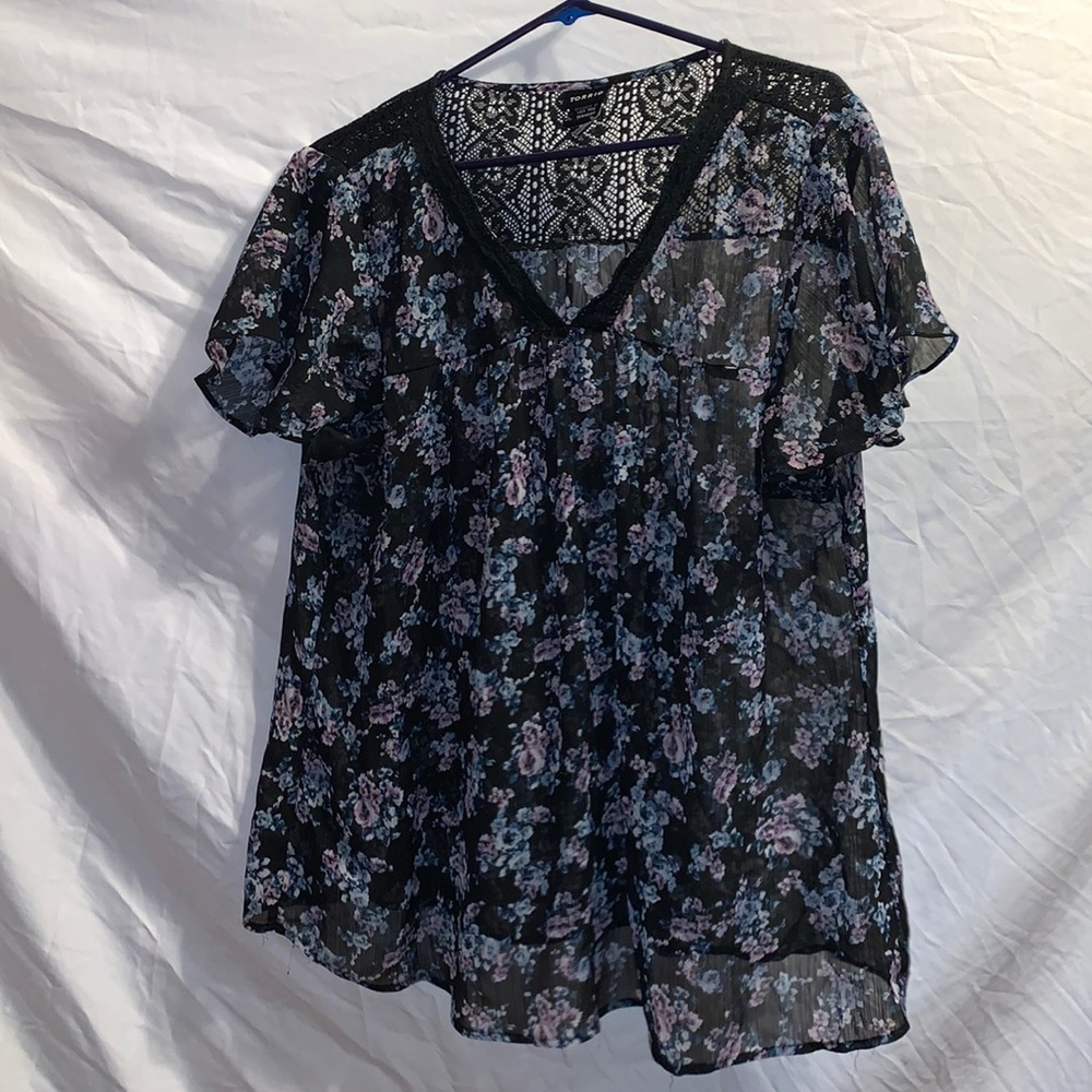 torrid black flowery blouse with lace top